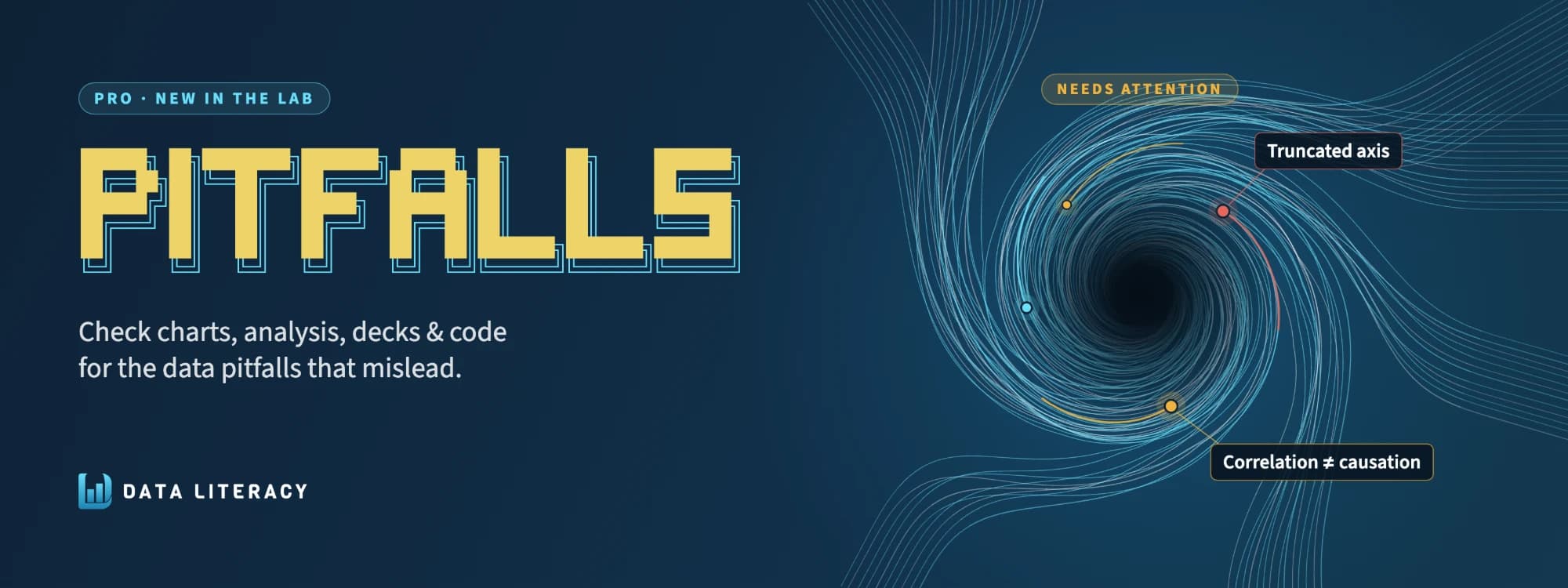 The word PITFALLS in terminal block letters beside a vortex of data paths, with findings flagged on the lines falling in