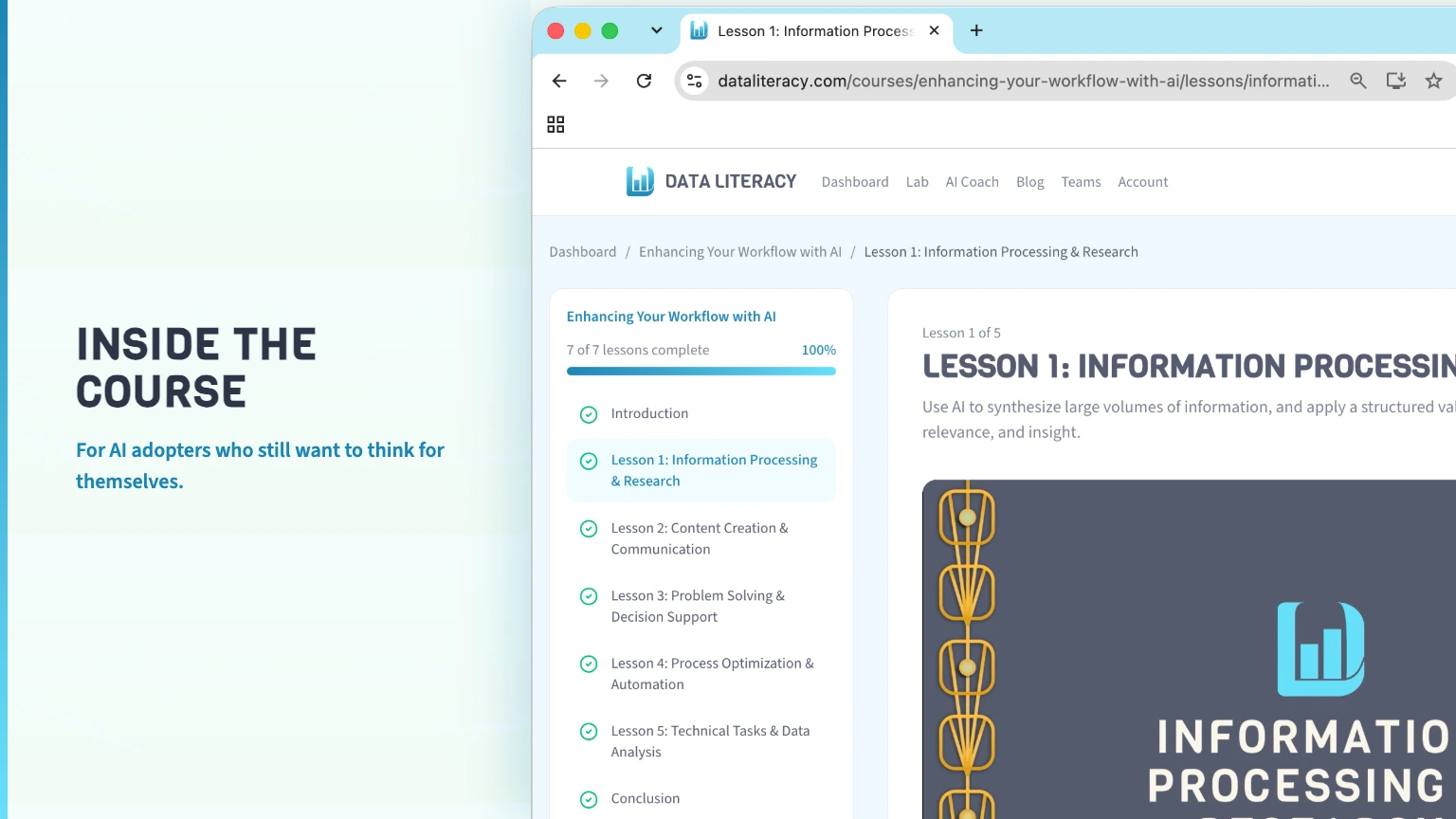 Screenshot of the Enhancing Your Workflow with AI course, showing Lesson 1 (Information Processing & Research) with the sidebar navigation of all seven lessons.