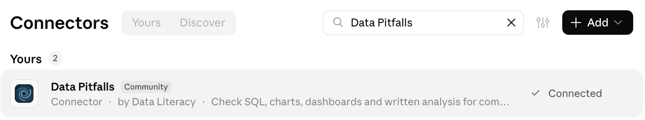 The Connectors page in claude.ai settings, searched for Data Pitfalls, showing the Data Pitfalls connector by Data Literacy marked Connected.