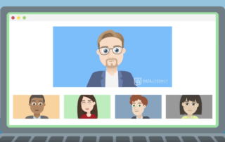 A cartoon image of a laptop with a Zoom call on the screen. Cartoon image of Ben Jones at the top leading the call, with four participant images along the bottom also in cartoon form.