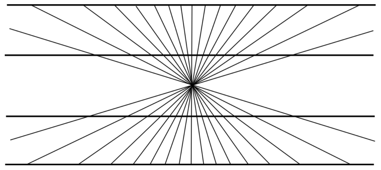 An optical illusion of straight, horizontal lines that seem to curve or bulge in the middle due to the presence of other straight lines that converge to a point in the center of the diagram.