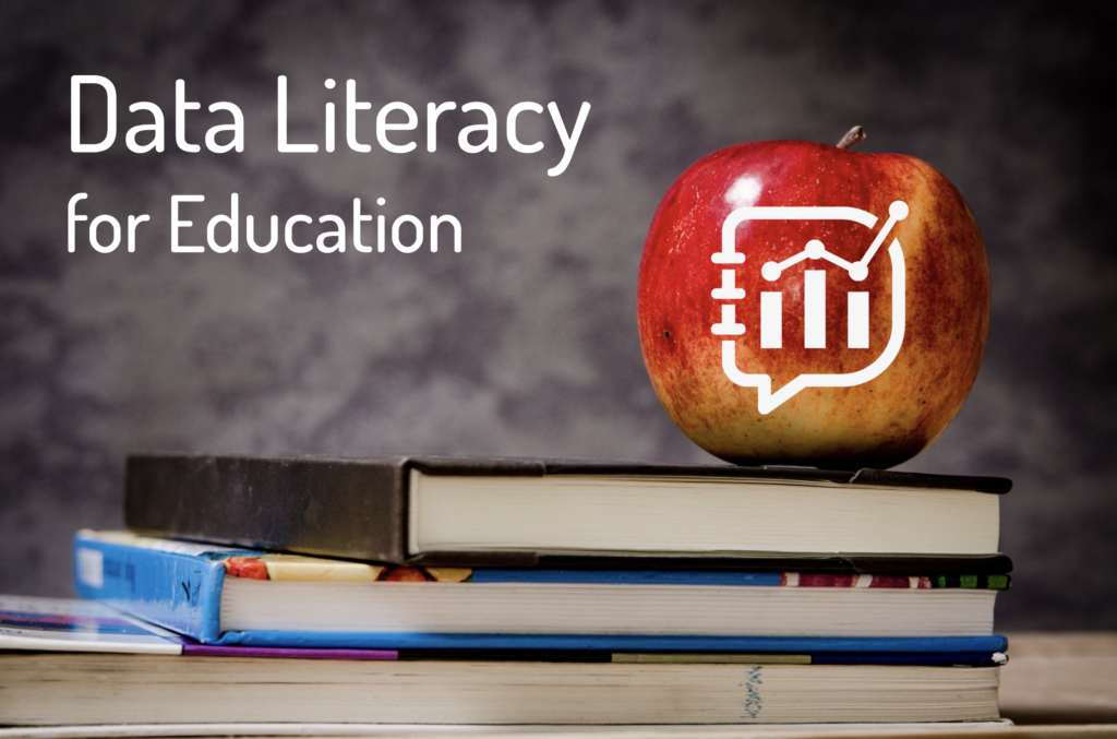 A photo of an apple sitting on top of a stack of books. White data literacy logo on the apple. In the upper left hand corner of the image it reads in white letters data literacy for education.