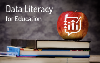 A photo of an apple sitting on top of a stack of books. White data literacy logo on the apple. In the upper left hand corner of the image it reads in white letters data literacy for education.
