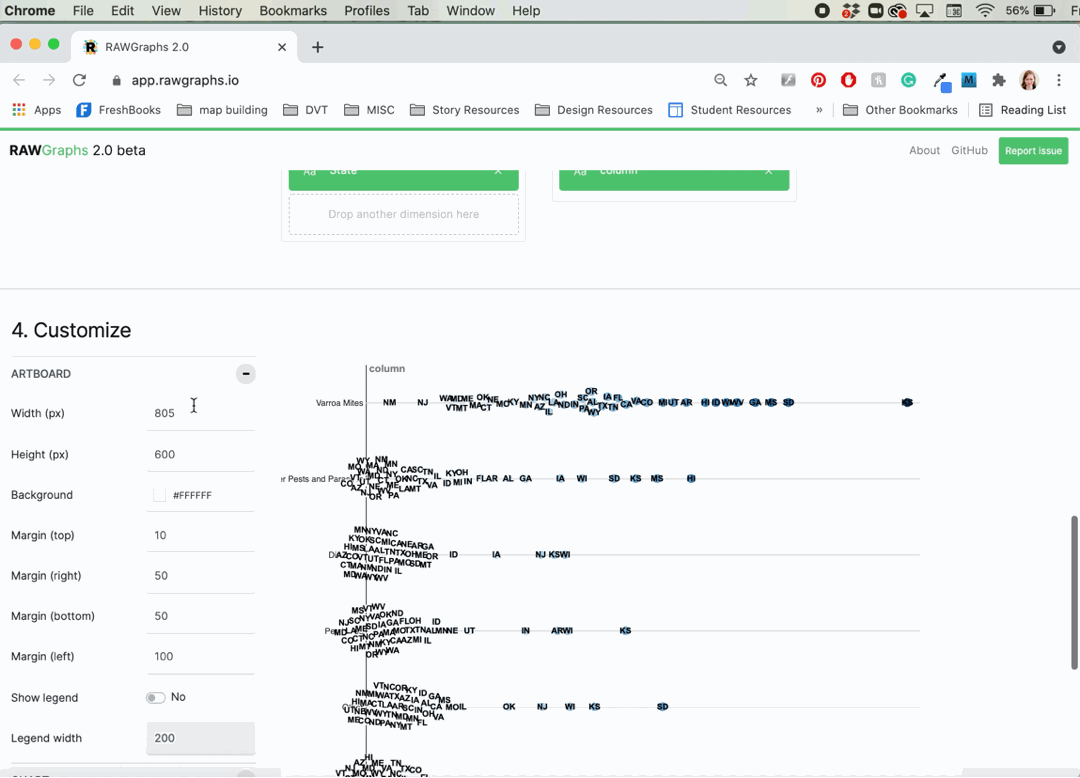 GIF of someone changing the settings for a beeswarm plot in RAWGraphs.io