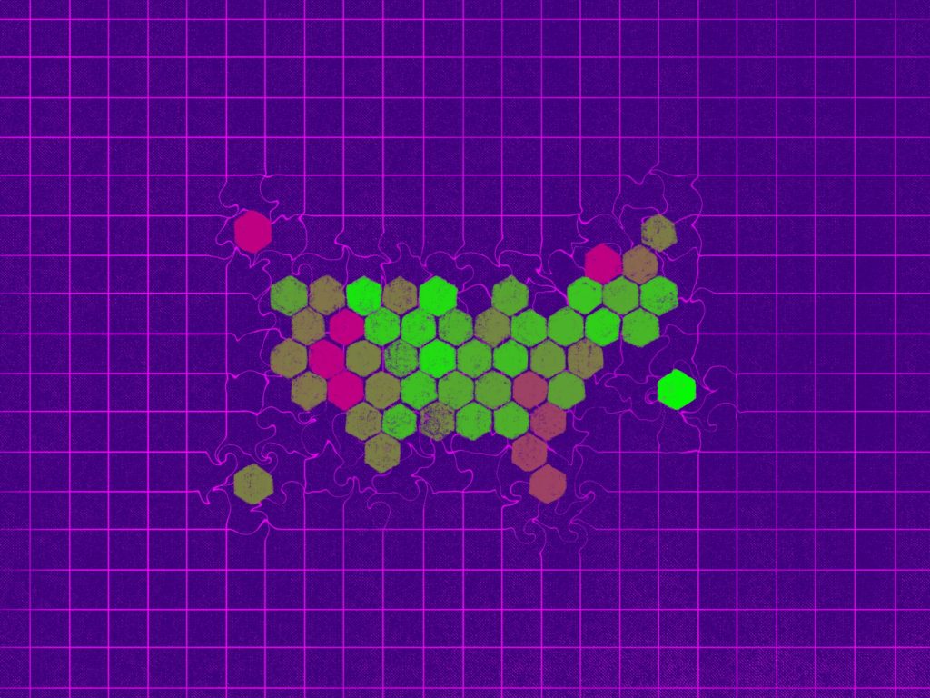 illustration of a hex map of the US. background is purple, states are green and pink