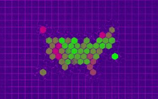 illustration of a hex map of the US. background is purple, states are green and pink