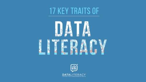 Image with blue background that reads 17 key traits of data literacy. Data literacy logo and tag line, learn the language of data, is in white at the bottom. 