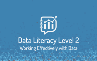 Featured image for the data literacy level 2 on-demand course. Dark blue background with dot plot. White data literacy logo. Beneath in white text it reads data literacy level 2 working effectively with data.