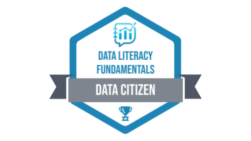 The data citizen badge. Blue hexagon with grey ribbon that says Data Citizen. Above the ribbon is the blue data literacy logo followed by Data Literacy Fundamentals in blue text. Below the ribbon, but still within the hexagon is a blue medal.