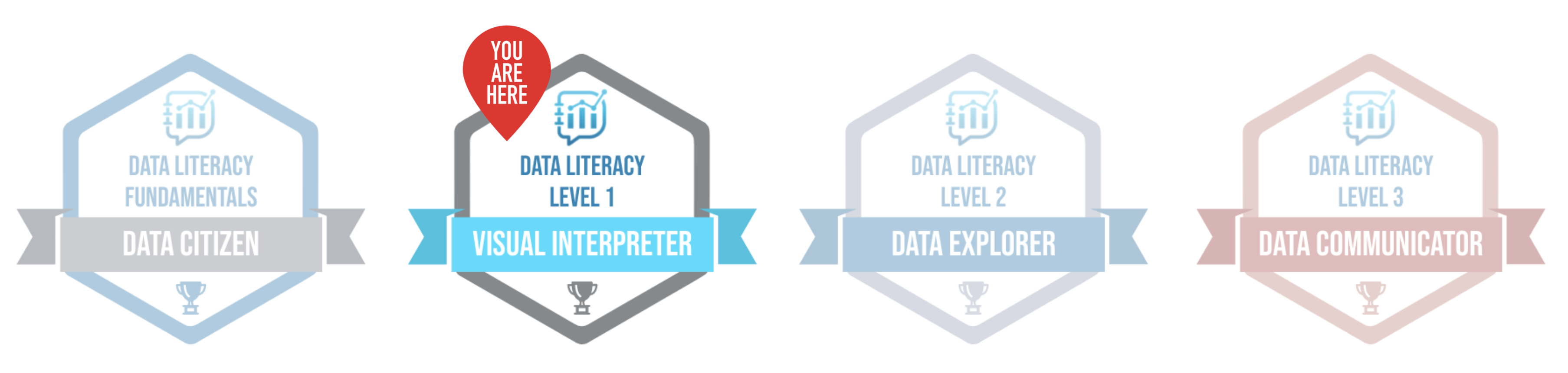 An image depicting the four levels in our core course offerings and their associated badges. From left to right there's the data citizen badge for Data Literacy Fundamentals, the visual interpreter badge for Data literacy Level 1, the data explorer badge for data literacy level 2, and the data communicator badge for data literacy level 3. There's a red icon labeled you are here on the visual interpreter badge. 