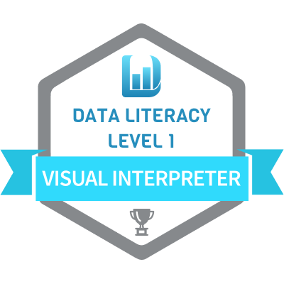 Blue badge with data literacy logo at top and an award at the bottom. Blue ribbon across reads data interpreter. Below logo it reads data literacy level 1.