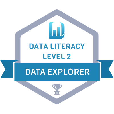Blue badge with data literacy logo at top and an award at the bottom. Blue ribbon across reads data explorer. Below logo it reads data literacy level 2.
