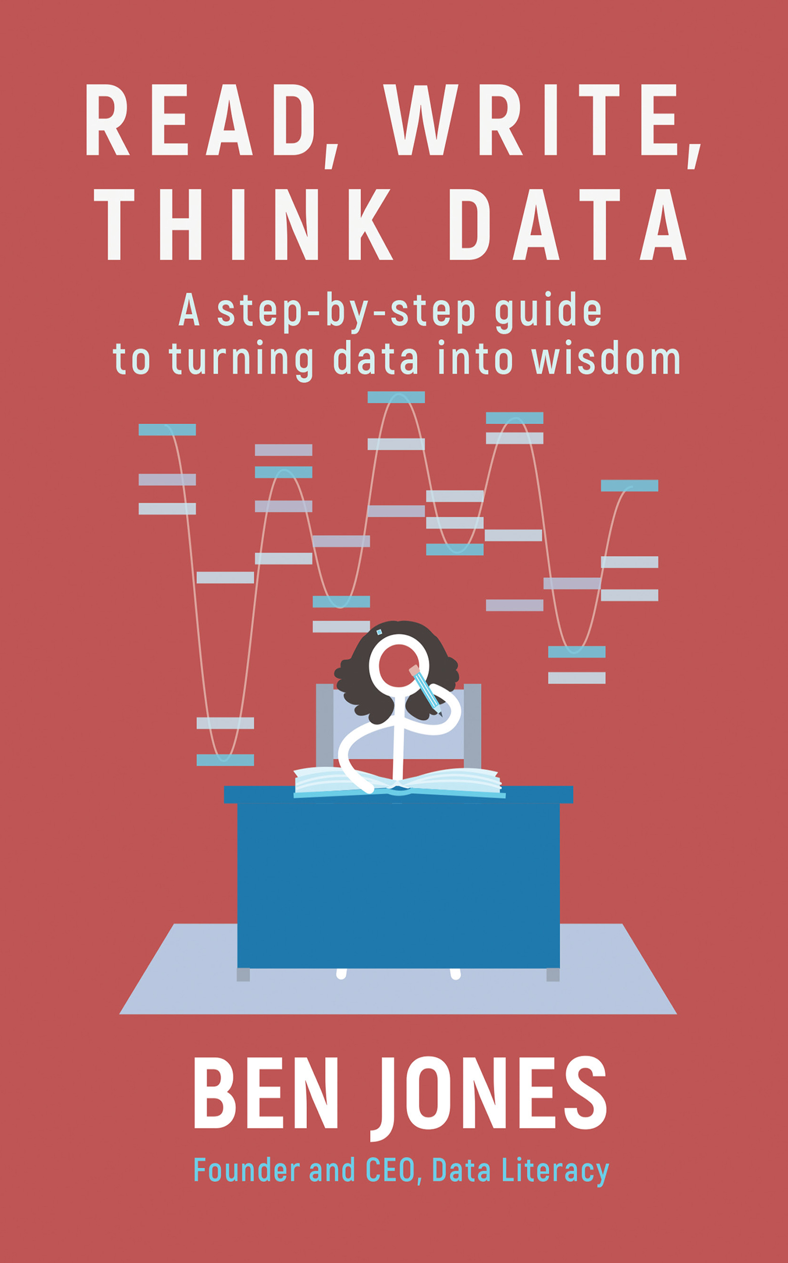 Book cover for Read Write Think Data by Ben Jones. The title is in white letters at the top. The tagline below it reads, also in white letters, A Step-by-Step Guide to Turning Data Into Wisdom. Below that is a stick figure image of Hedy Lamar sitting at a desk with her feet poking out beneath. She holds a pencil and is thinking. Above her is an image inspired by frequency hopping - a concept employed by her 1942 patent for a Secret Communication System.