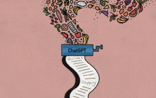 illustration of lots of food ingredients flowing into a small machine labeled ChatGPT, and out the other side is a long paper with writing on it, like recipes and shopping
