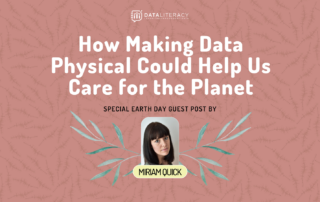 header image with light red background, green leaves, woman named Miriam Quick's small portrait, and the title "How making data physical could help us care for the planet"