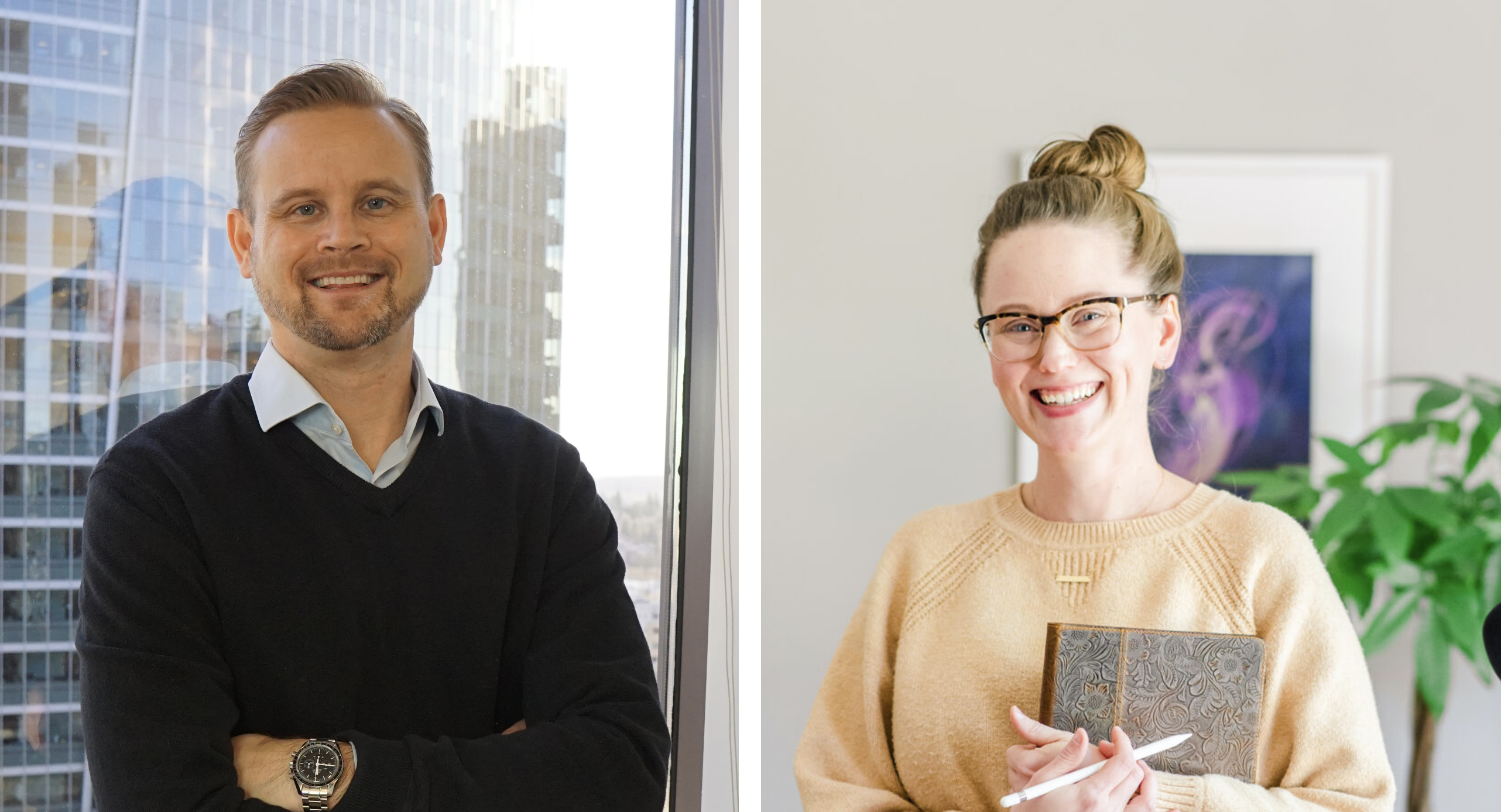 Photo of Data Literacy speakers Ben Jones and Alli Torban standing next to each other in an office.