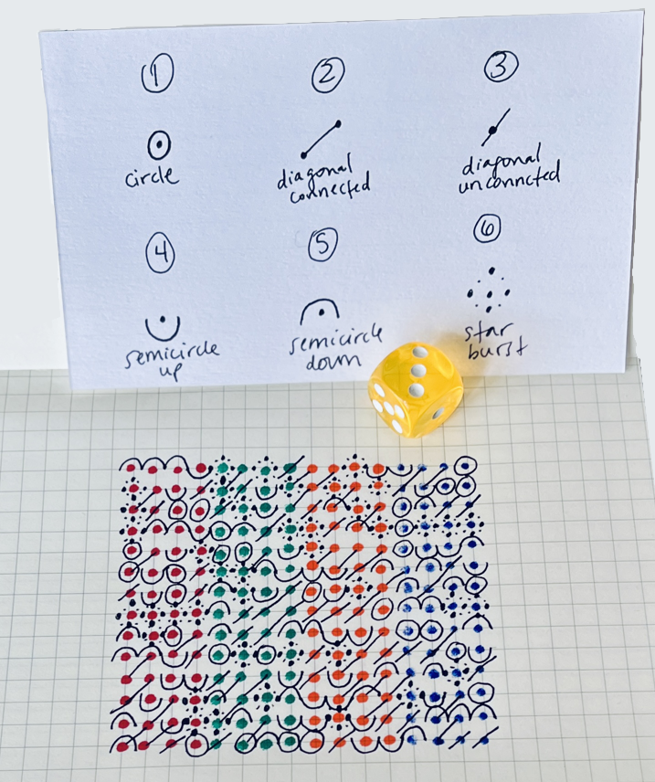 A paper with doodles and a die above a graph paper with colored patterns matching the doodles.