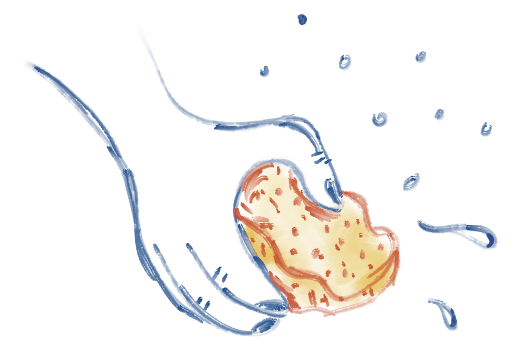 Illustration of a hand squeezing a sponge.