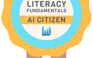 An illustrated badge with the text "AI Literacy Fundamentals, AI Citizen" and the data literacy logo, all encircled by a blue and orange ribbon.