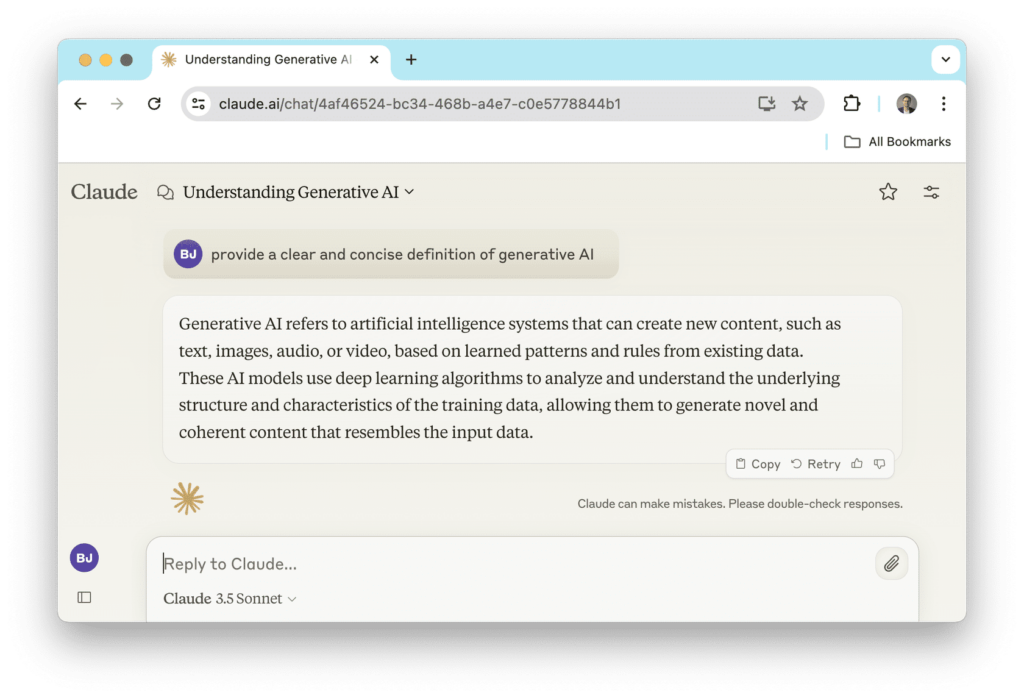 The image shows a browser window with an open tab titled "Understanding Generative AI." A user has prompted the AI chatbot Claude to provide a clear and concise definition of generative AI. The AI's response defines generative AI as systems that create new content such as text, images, audio, or video, based on learned patterns from existing data, using deep learning algorithms to generate novel and coherent content that resembles the input data.