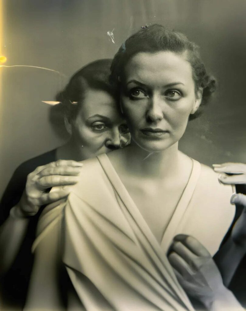The image features a haunting black-and-white portrait of two women. The woman in the foreground gazes directly at the viewer with a piercing and slightly apprehensive expression. Her attire is elegantly simple, featuring a draped white garment that enhances the dramatic lighting of the photograph. Behind her, the second woman emerges from the shadows, her face partially obscured yet conveying an intense and perhaps sinister expression as she leans in close to the first woman's ear, her hand gently resting on the other's shoulder. The overall mood is tense and mysterious, underscored by the vintage, grainy texture of the photograph.