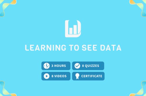 A promotional banner for the online course "Learning to See Data." The background is blue, and the banner features icons and text describing the course offerings. It highlights that the course includes 3 hours of content, 8 videos, 8 quizzes, and offers a certificate upon completion. The course title "Learning to See Data" is prominently displayed at the top.