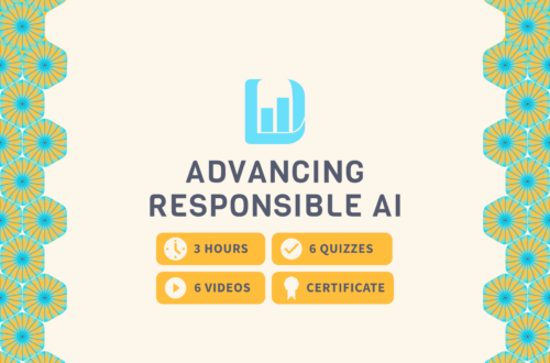 The background is full of soft, bright blue and yellow hues. The background is subtly divided by decorative geometric patterns composed of concentric circles with alternating blue and yellow segments that create a dynamic, almost floral appearance along the left and right borders of the image. In the center is the data literacy logo, represented by a stylized blue chart icon, the data literacy logo. Below the icon, the text advancing responsible ai is displayed in bold, capitalized, dark gray letters. Below that are four rectangles representing different aspects of the course. One for number of hours of video content, which is three. One that says 6 quizzes, one that says six videos, and one that says certificate.