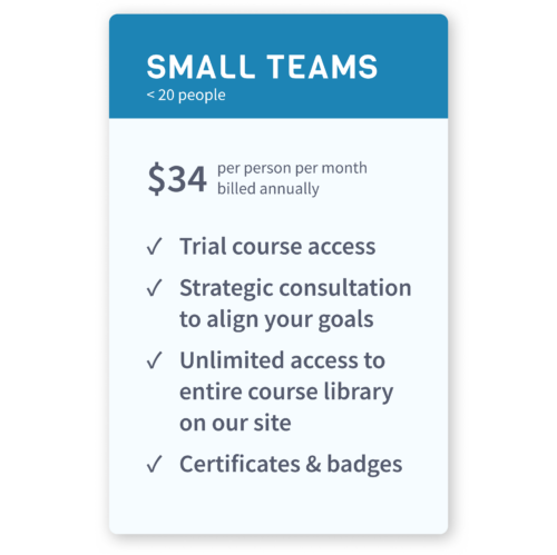 A pricing card featuring a blue header with the title Small Teams less than 20 people. The card highlights a subscription rate of $34 per person per month, billed annually, and outlines benefits including trial course access, strategic consultation to align team goals, unlimited access to the full course library, and certificates and badges.