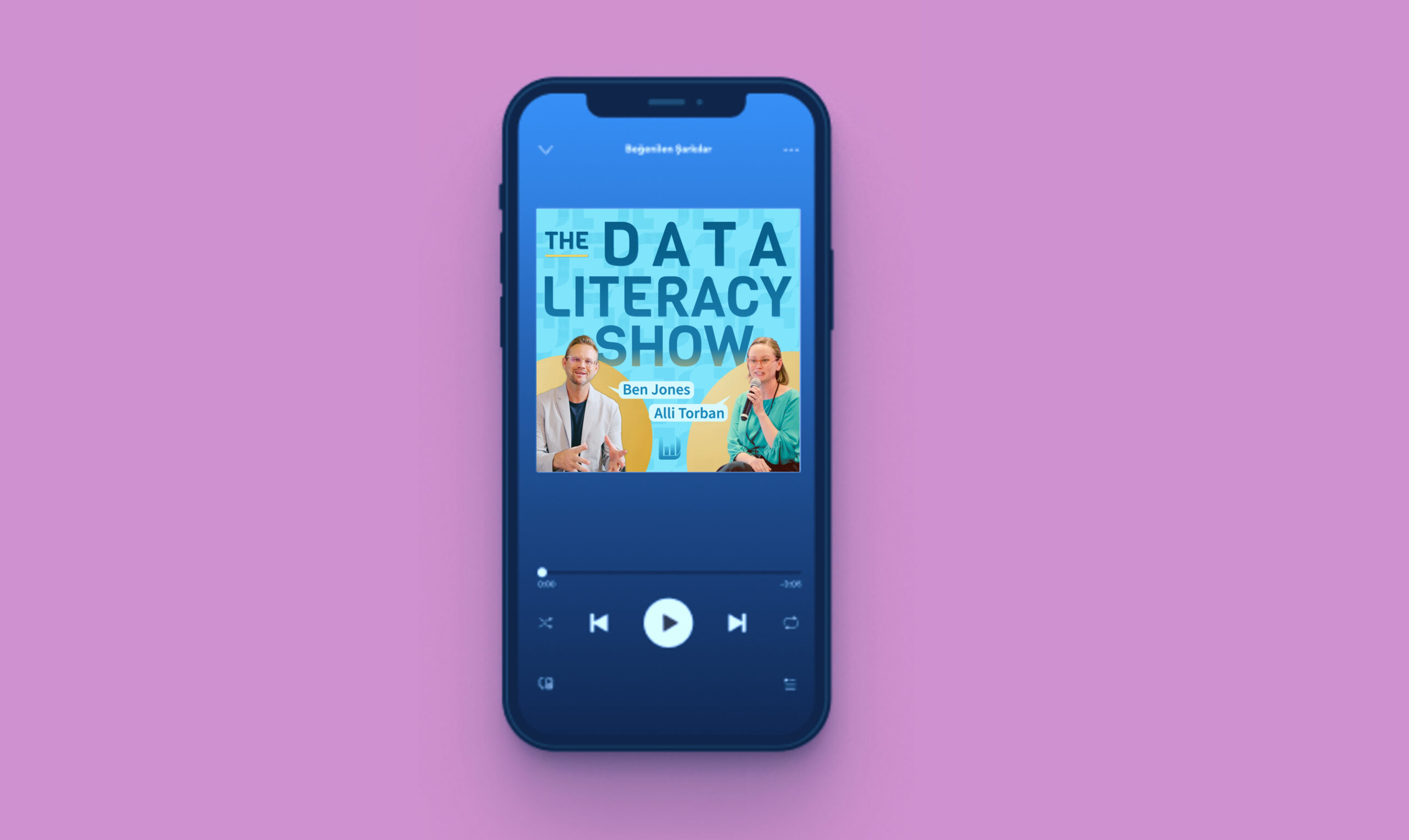 Phone showing the podcast The Data Literacy Show playing